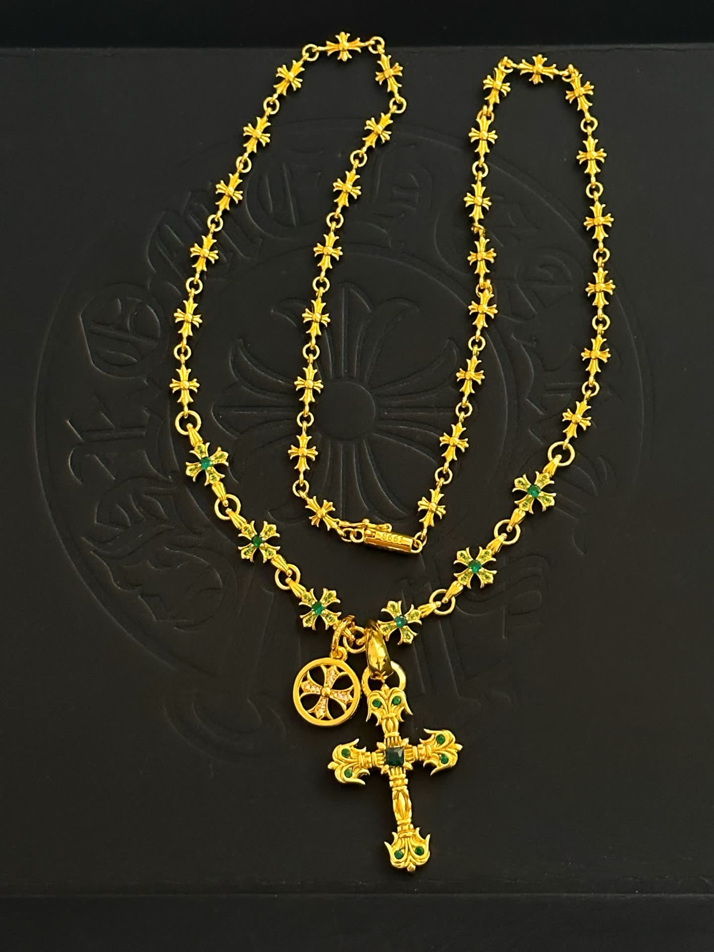Chrome Hearts Gold Cross Pendant Necklace with Emerald Accents